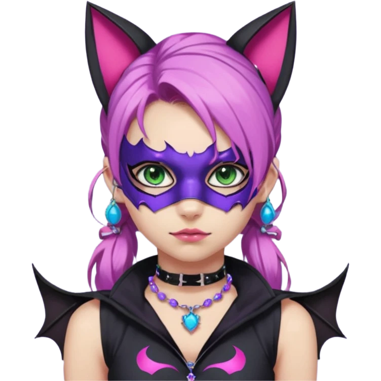 Girl with green eyes, wearing a bat mask with pink stones around her eyes, her hair tied in a ponytail, the hair is purple with blue and pink streaks, with black cat ears with pink stones around, wearing a black shirt that covers the neck, and a sleeveless blue jacket, and a necklace of pink stones emoji