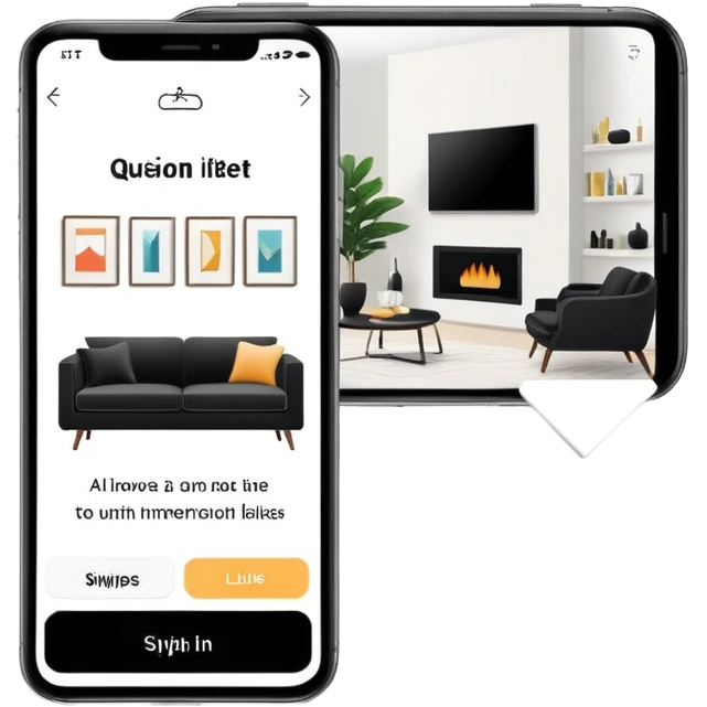 smartphone with interior design style quiz app showing swipe left and right arrows between modern and traditional living room styles emoji