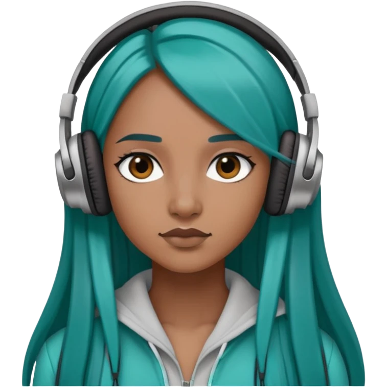Brown skinned woman with long straight teal hair wearing headphones  emoji