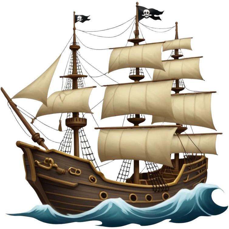 An icon representing an adventure game, inspired by high-seas exploration. The design features a fearless pirate gripping the wheel of a grand sailing ship, its tattered Jolly Roger flag billowing as it cuts through stormy waters. The scene evokes danger, treasure, and the thrill of the open sea. Transparent background. emoji