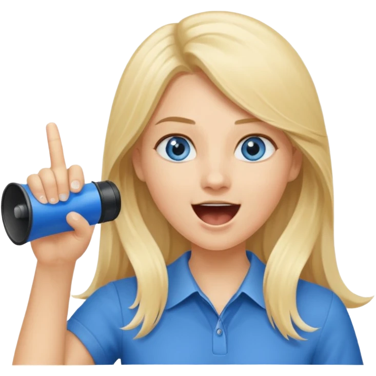 blue eyes blonde girl yelling into megaphone and holding up 1 finger in the other hand smiling long hair emoji