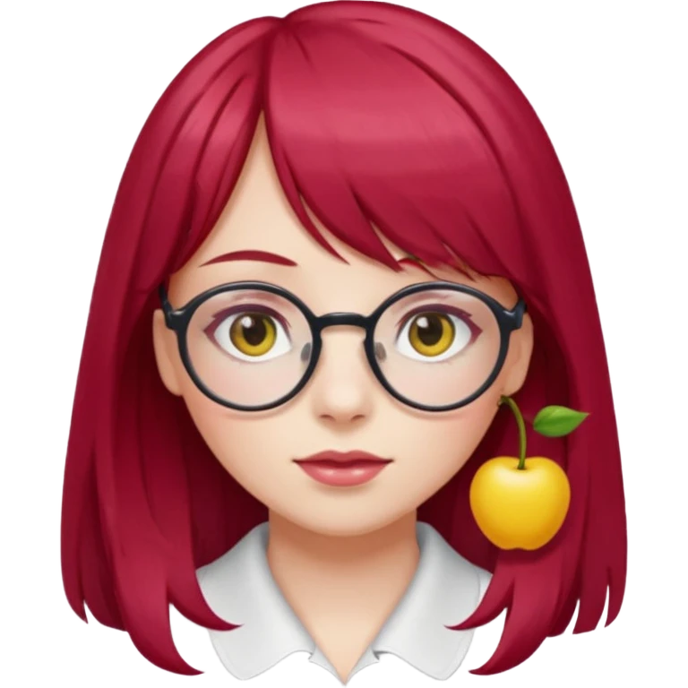 Menina com cabelos longos vermelho Cherry, liso com franja,olho direito ROSA e olho esquerdo amarelo,pele clara e com oculos  emoji
