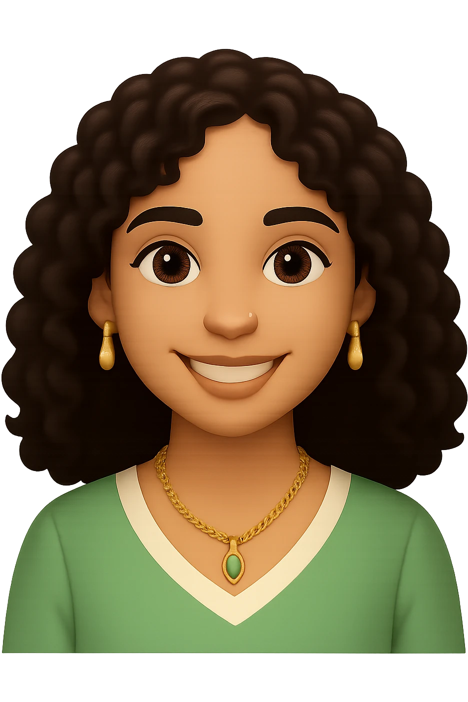Change the hairstyle of the young woman to curly hair worn loose. Keep her smiling with dark brown hair, brown eyes, nose piercing, wearing a green and cream blouse and a gold necklace. Convey happiness and relaxation. Remove any background, make it transparent. emoji