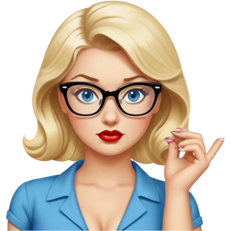 Blonde hair, blue eyed, wearing glasses 50's style pinup looking hot and bothered  emoji