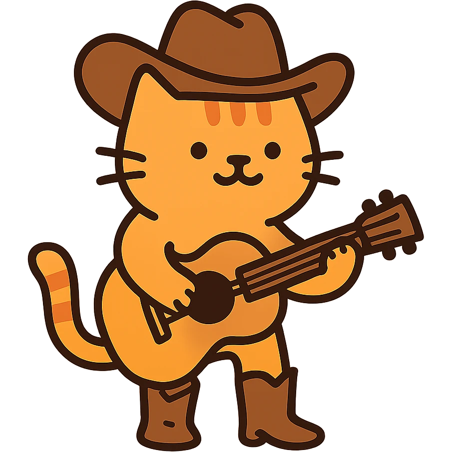 flat toon orange cowboy cat with cowboy boots strumming an acoustic guitar emoji
