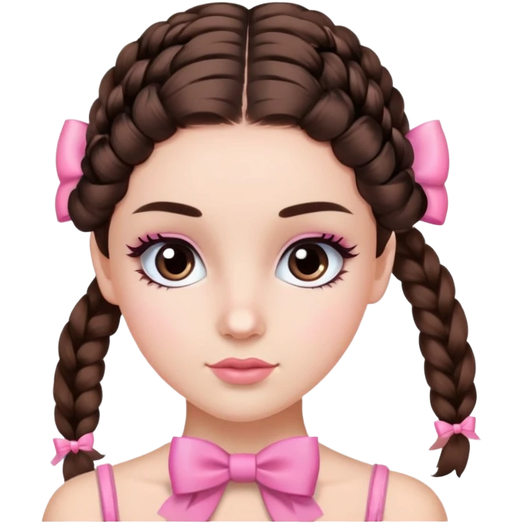 girl with brunette hair in a braid on her shoulder with a pink coquette bow on the end and she has mascara on her eyelashes  emoji
