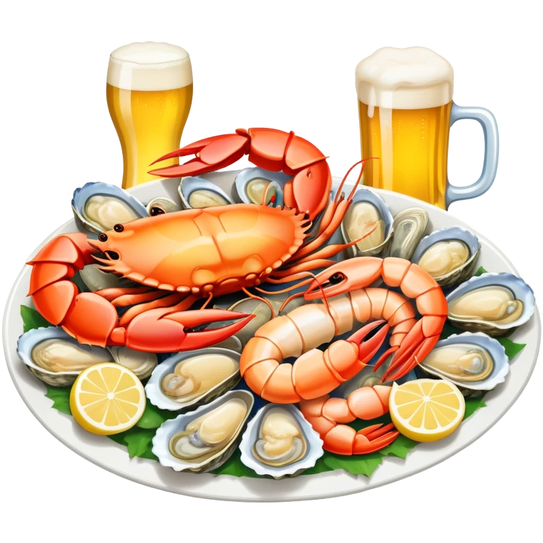 Qingdao seafood with beer, simplified emoji style with bold outlines and bright colors, cartoon style Chinese seafood platter with yellow beer emoji