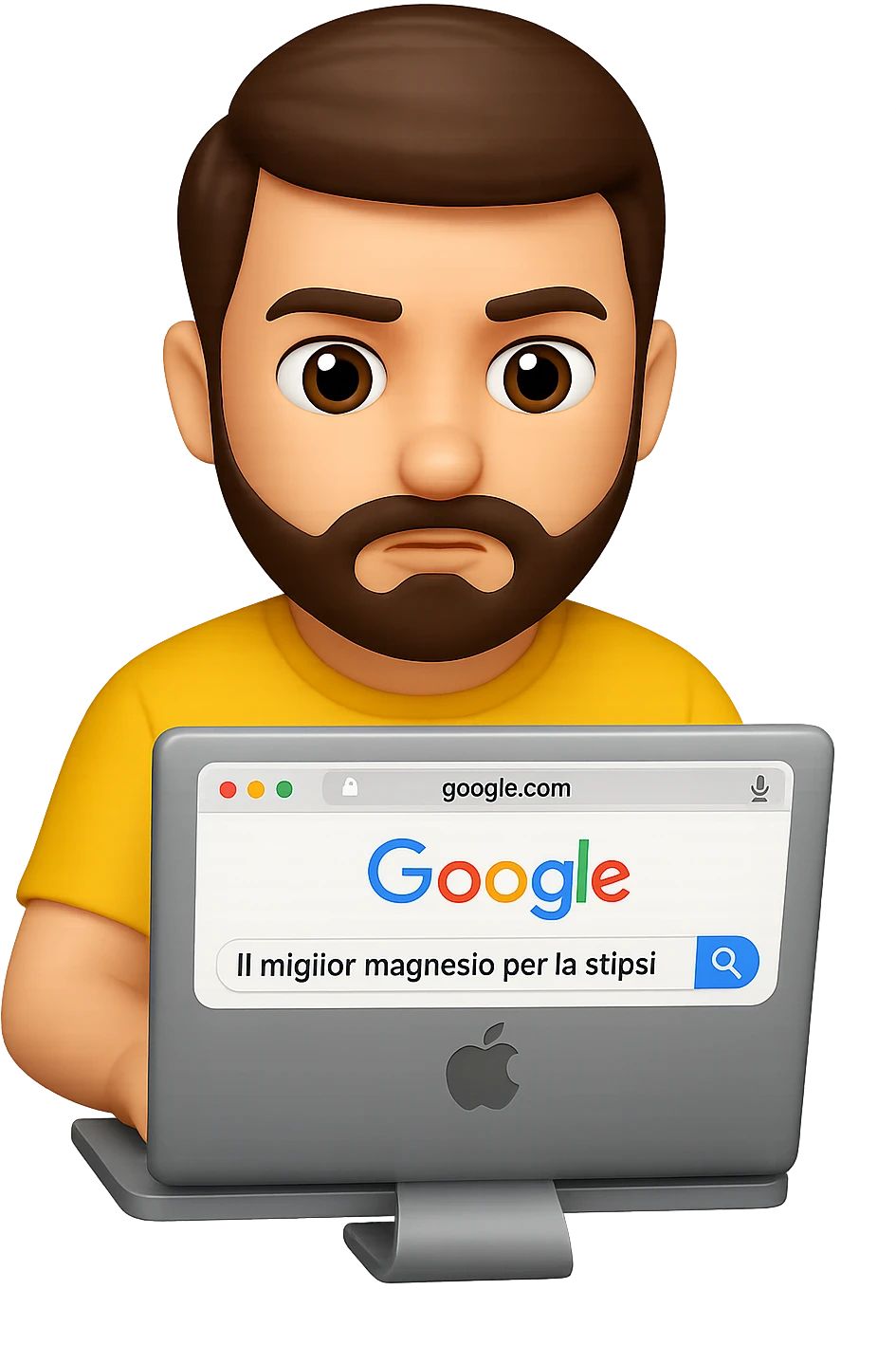 emoji stile iphone di un uomo davanti al pc che cerca di google: "Il miglior magnesio per la stipsi", iperrealistico 4k emoji