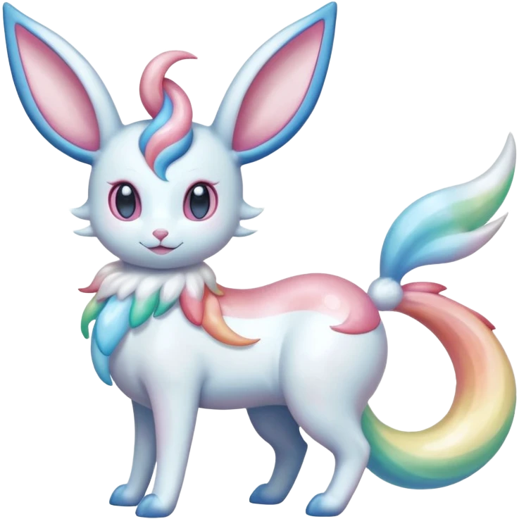 Pearlescent Milky-White Opalescent Rainbow-Tinted Soft-Glowing Celestial Sylveon-Milotic-Cresselia-Fakémon-creature (full body) emoji