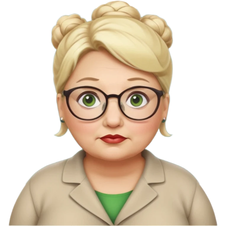 older teacher a little overweight with blonde bun green eyes and glasses full lips emoji
