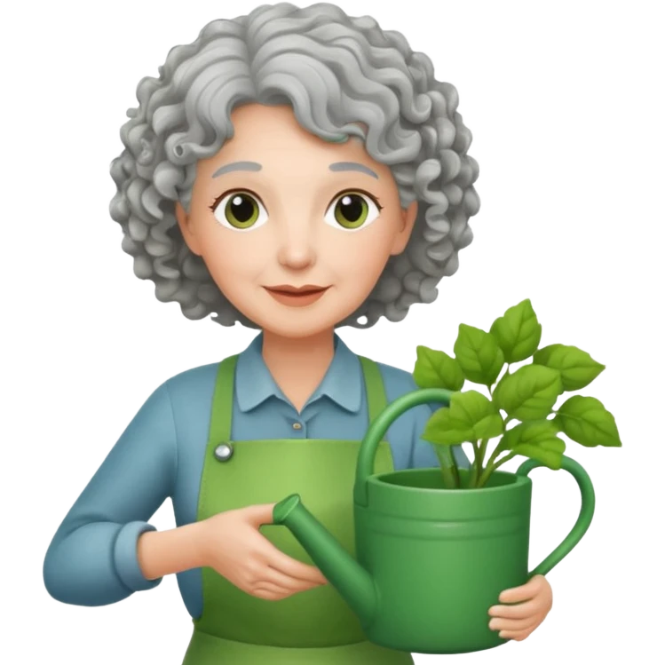 Older female florist – curly hair, hold garden watering pot emoji
