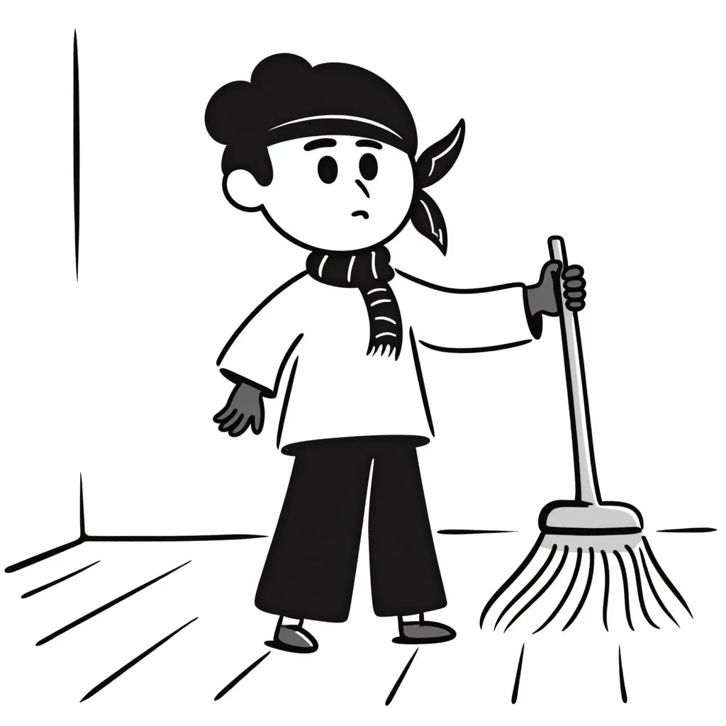 Levi Ackerman cleaning with bandana over hair, gloves, holding broom, annoyed expression emoji