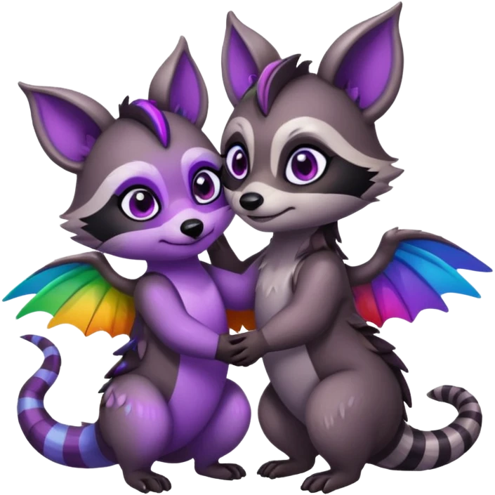 2 black female raccoon dragon hybrids with rainbow colored wings and purple eyes hugging emoji