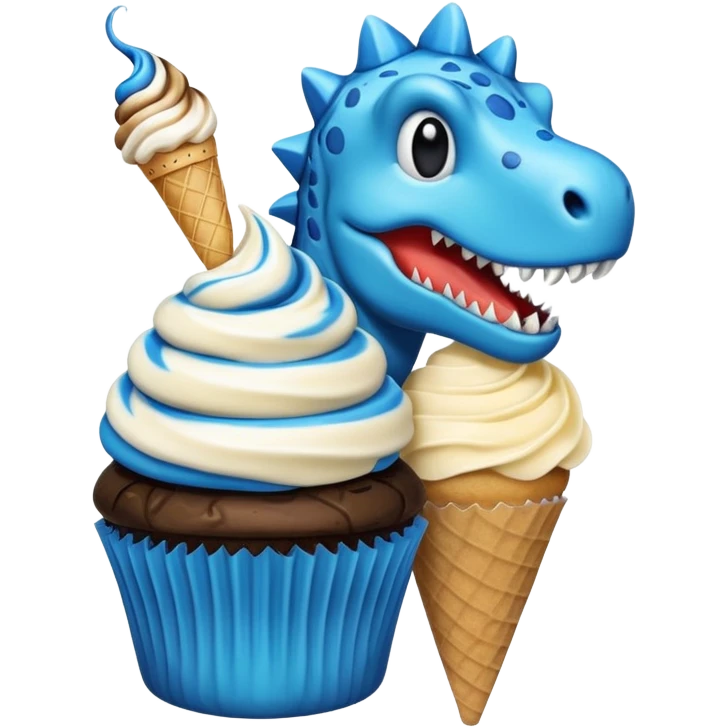 A cupcake having blue and black icing and a dinosaur as a decoration and ice cream next to it emoji