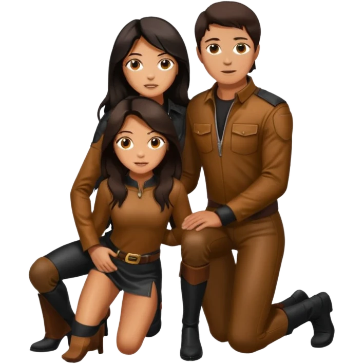 Tan skin with freckles, long dark hair, hazel eyes Dominatrix standing over a dark haired man who is kneeling at her knees emoji