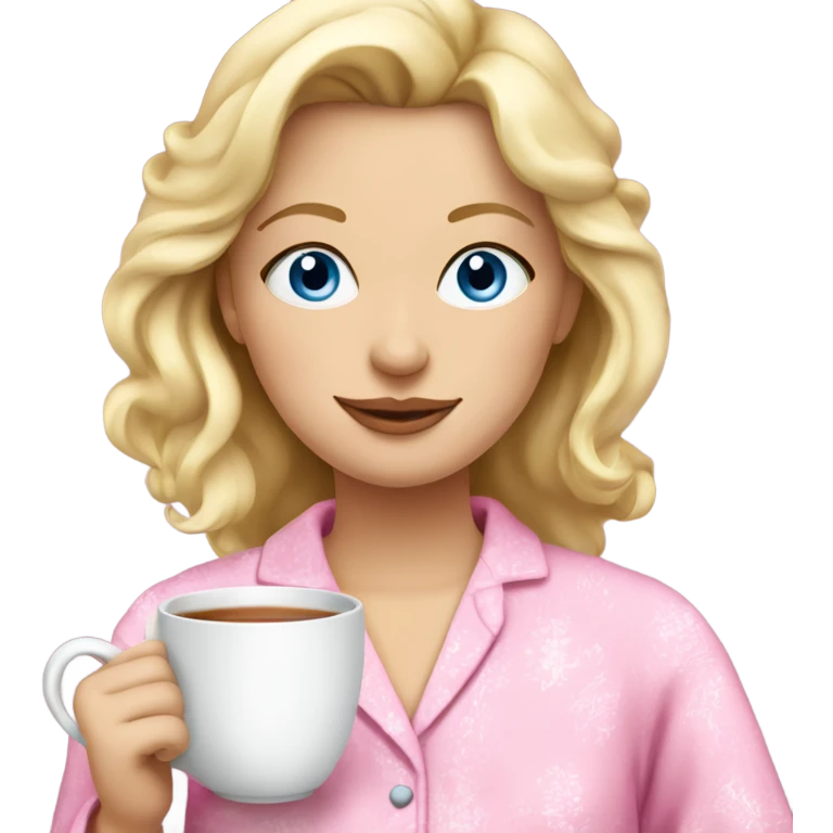 Blonde woman with blue eyes in pink pyjamas drinking tea  emoji