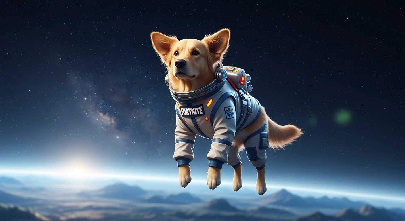 Cinematic still of a dog in fortnite game world in space emoji