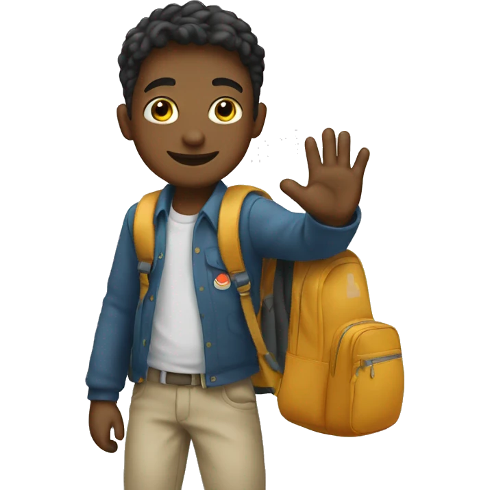 boy waving bye wearing school bag emoji