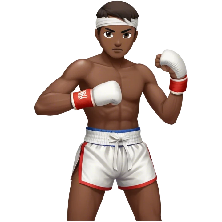 ​Cinematic Realistic Traditional Muay Thai Fighter, depicted in authentic attire featuring white bandaged gloves wrapped around his fists, a traditional headband tied neatly, and classic Muay Thai shorts, captured in a dynamic fighting stance under dramatic, high-energy lighting that highlights the raw power and elegance of the art, emoji