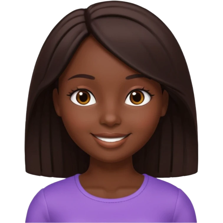 Boneca digital em estilo 3D realista e fofo, semelhante a uma boneca colecionável. Mulher jovem com pele negra, olhos castanhos escuros, cabelo liso cor chocolate, longo e bem alinhado.  emoji