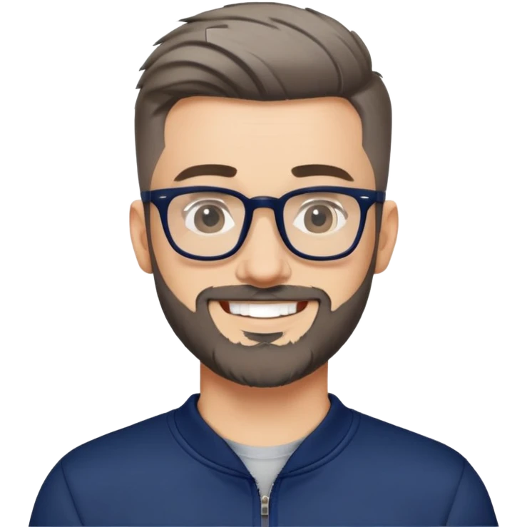 Fair-skinned man with fade haircut (extremely short on sides, slightly longer on top), short salt and pepper beard, large black-framed glasses, smiling, wearing navy blue long sleeve zip sweatshirt emoji