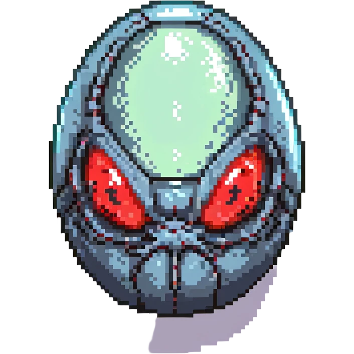 a strange large transparent alien egg, floating inside with a visible creature inside, embryo, embryonic, fetal shape, primordial, early growth, 3 glowing red eyes, illuminated from above, shining glass egg emoji