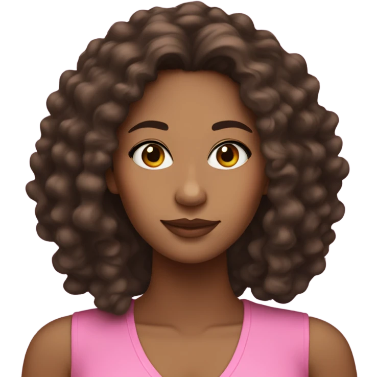 brownskin woman with dark long curly hair and wearing pink with a sleek model look emoji