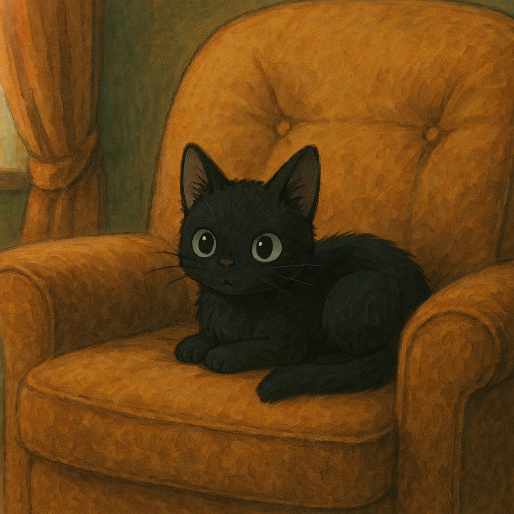 Black kitten cozy in a chair  emoji