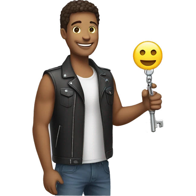 A happy person holding a motorcycle key in his hand emoji