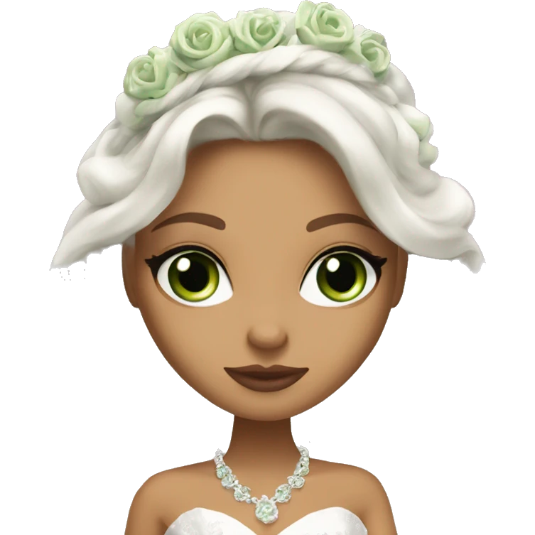 Bratz, bride, brunette wavy long hair, olive skin, green almond cat eyes emoji
