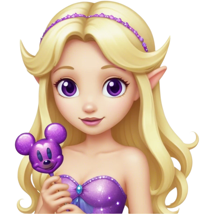 Long hair blonde fairy with purple sparkles holding a Mickey pop   emoji