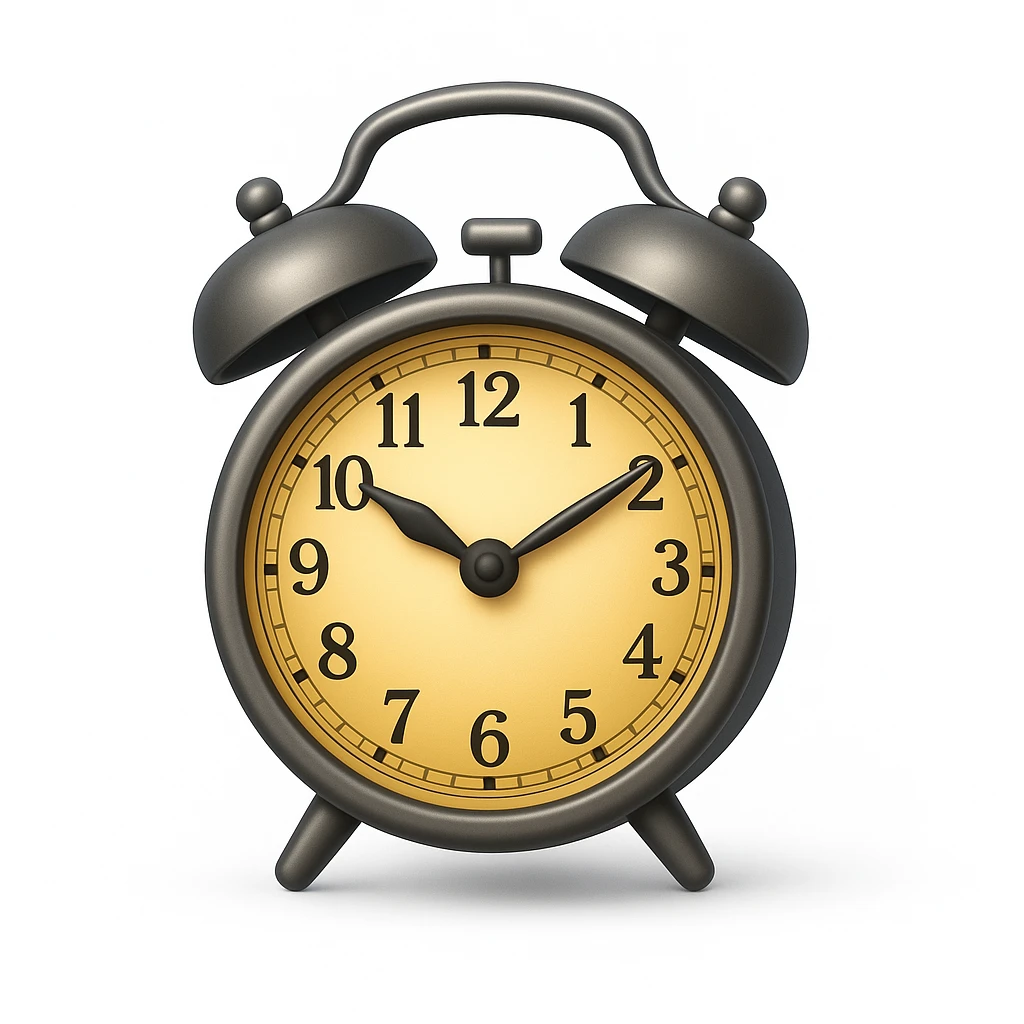 Create an alarm clock emoji that looks exactly like the reference image in iOS emoji style. The emoji should be 3D with shiny, smooth gradients, soft shadows, and a realistic classic alarm clock shape with the classic emoji look. Add a soft shadow under the clock. emoji
