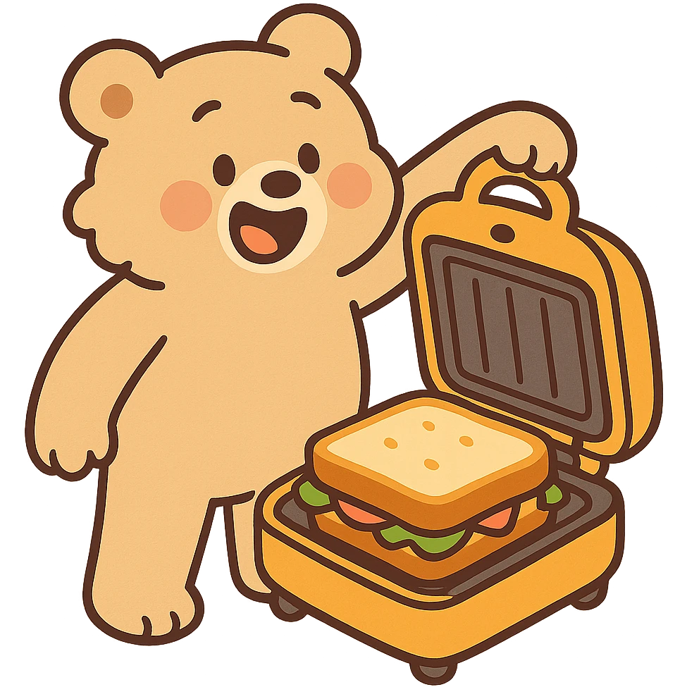 soft pastel creamy brown fluffy bear sandwich maker opening with a cute sandwich inside, full-body emoji