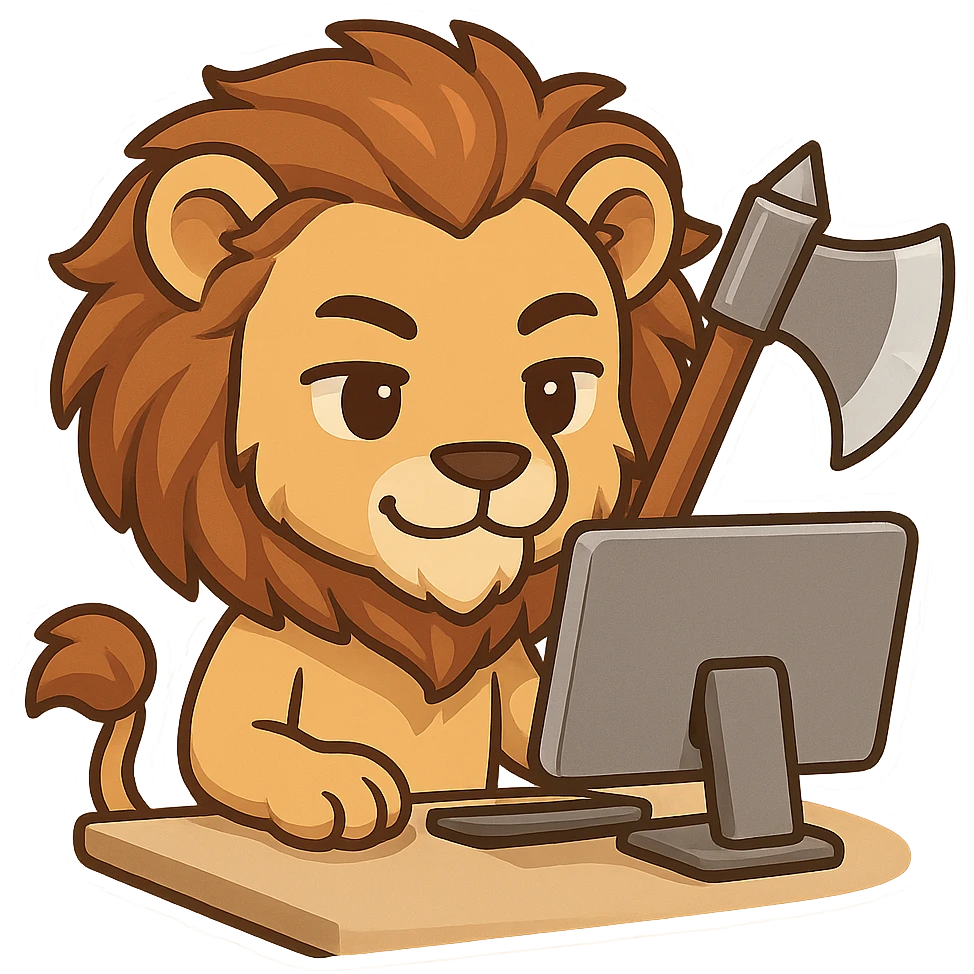 humanoid lion with an axe gamer sitting at a monitor, Telegram sticker style, modern, humorous emoji