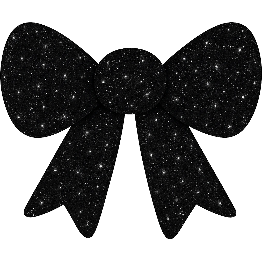 Make the decorative bow black and covered in glitter, shiny and vibrant, no background. The style should be elegant and festive with shimmering texture and vibrant glitter details. emoji