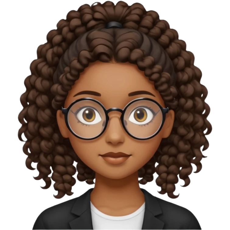 chica morena de ojos claros con gafas negras exagonales redondeadas. y pelo rizado castaño con todo el pelo recogido en una coleta .. Con todo el pelo recogido un clen look solamente una coleta tiene 16 años. hazlo como la segunda imagen pero sin el moño emoji