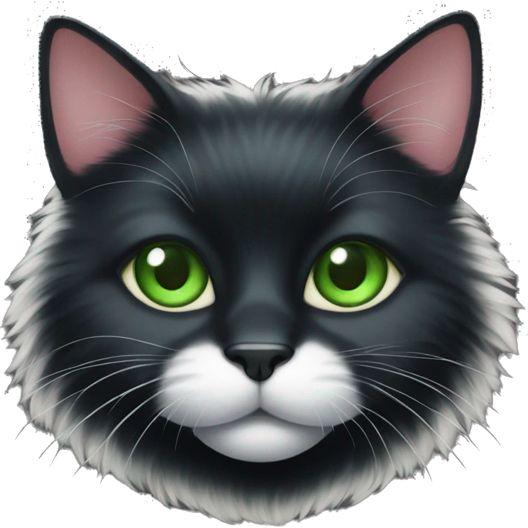 Fluffy black cat with white chest and green eye emoji