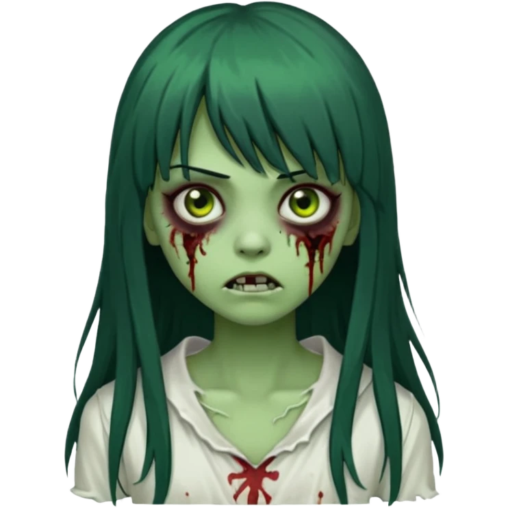 uma garota zumbi assustadora da pele verde e com cabelo preto longo com franja e a roupa branca emoji