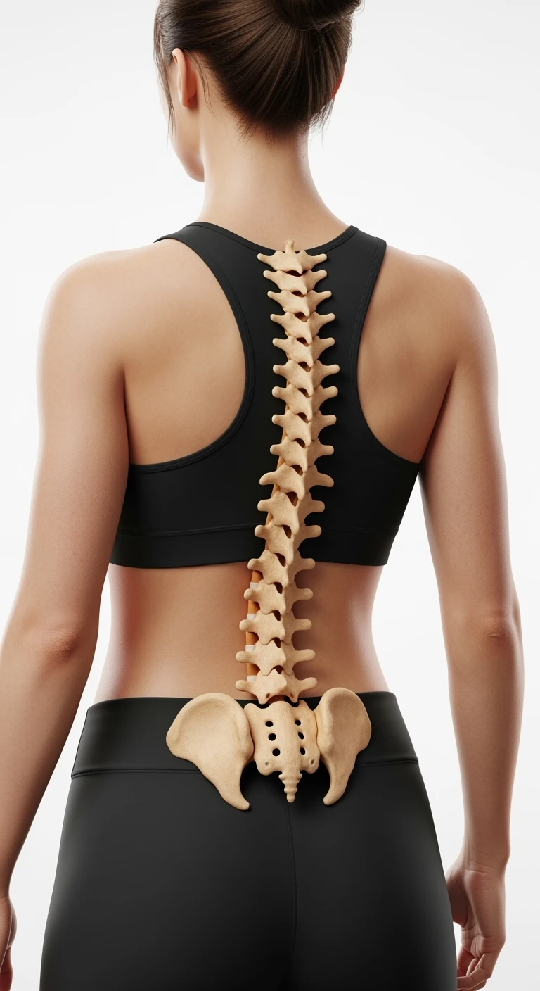 donna fitness di spalle con spina dorsale anatomica realistica in evidenza, sfondo bianco emoji