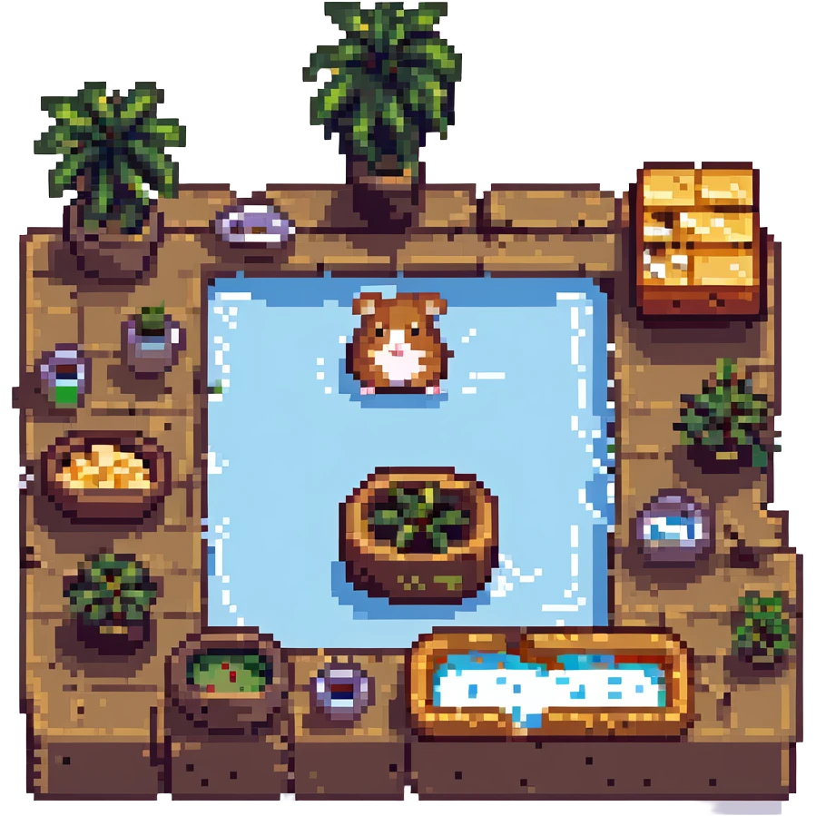 pixel art scene of a hamster cult at a weed pool party with cheese platters, playful and vibrant emoji