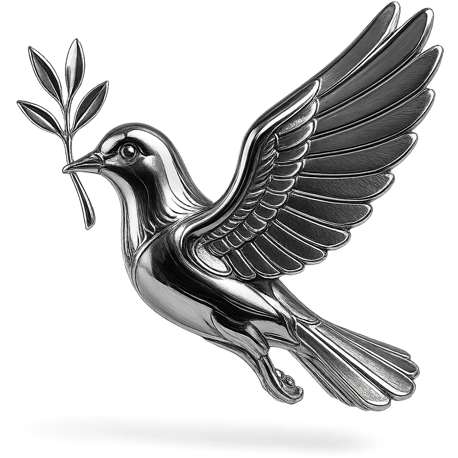 stylized chrome pigeon in flight, side view, holding a branch in its beak, polished and futuristic emoji