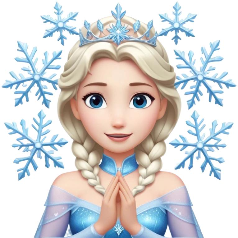 Cinematic Elegant Elsa Portrait Emoji, Standing gracefully with snowflakes forming in her hands, a soft yet confident smile, frosty shimmer surrounding her, a queen in perfect icy splendor! emoji