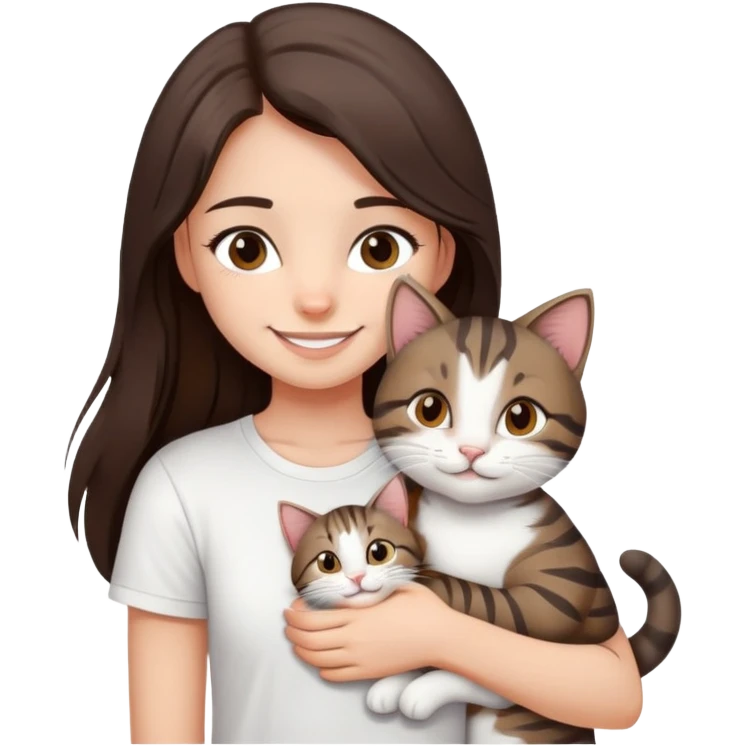 a girl with long dark brown hair, in a
white T-shirt and brown eyes, smile, hugs a tabby
dark grey and white strips one cat emoji
