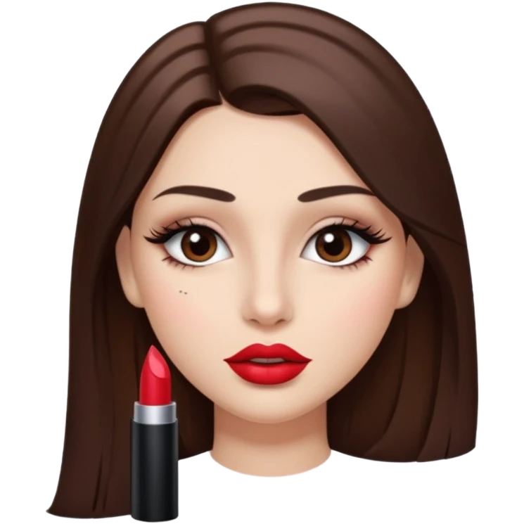Una chica con piel muy clarita con pleo liso largo de color castaño y unos ojos marrones oscuro y labios grandes y nariz bonita y con unas pestsñas y maquillada emoji