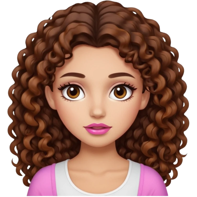 white girl with long voluminous dark brown curly hair with caramel highlights wearing a white top. Blush on the cheeks and big eyelashes and a brown-pink lip combo  emoji