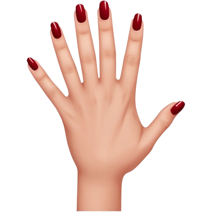 left hand of a woman with all five fingers painted in dark red nail polish, glossy finish, deep saturated red, smooth gradient, minimal details, clean and shiny
 emoji