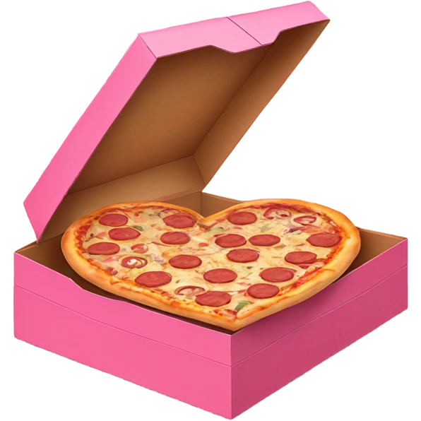 Realistic heart shaped pizza sitting flat in an open top pink pizza box. emoji