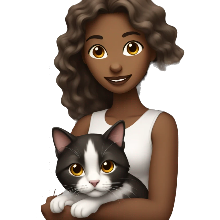 long wavy haired brown skin woman holding black and white cat emoji