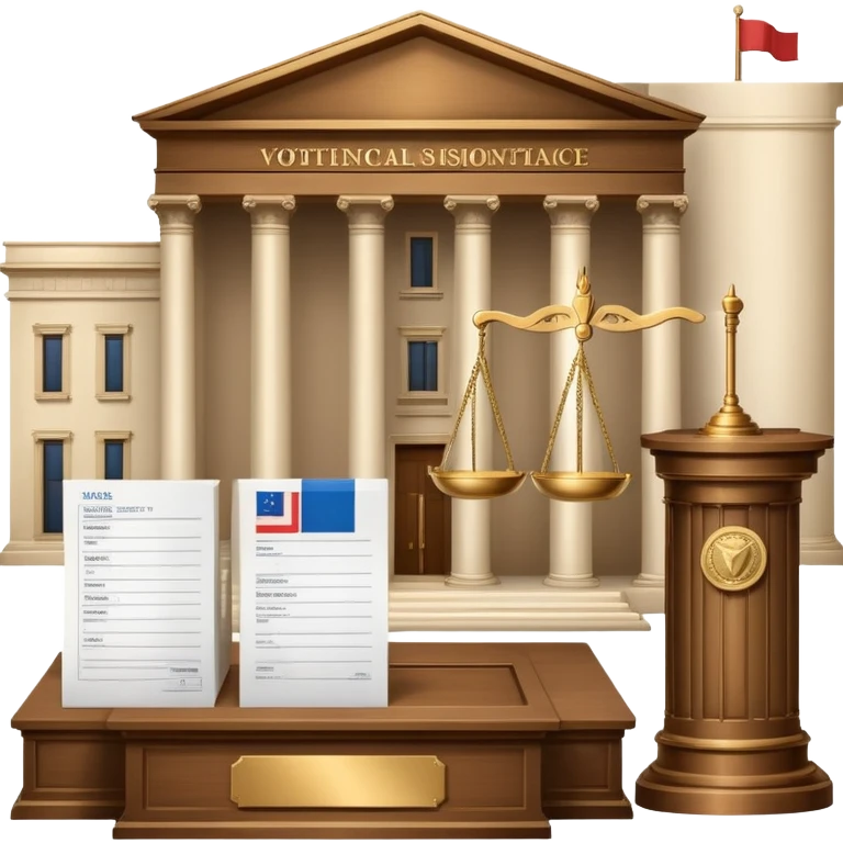 An icon featuring a ballot box with a voting paper, a government building with columns, and a scale of justice, symbolizing political science. The design includes a world map in the background, representing global political systems. Transparent background highlights governance and civic studies. emoji