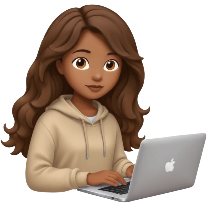 make a picture in ios 18 style of a girl with brown long wavy hair wearing cozy beige clothes and working on a laptop emoji